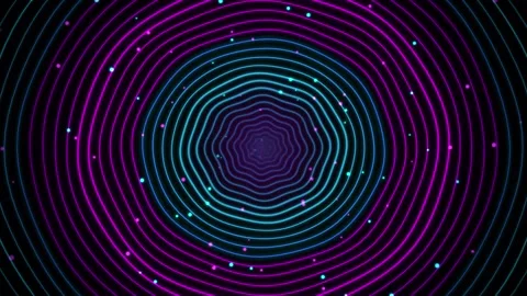 Pulsing concentric neon ring tunnel with floating particle lights a of circular Stock Footage 345383685
