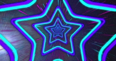 Pulsing concentric neon star tunnel receding into dark space, with cyan and Stock Illustration