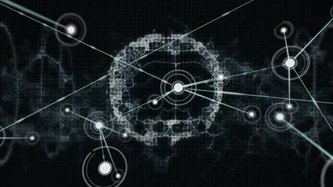 Pulsing core node starting grid wave emerging as brain shape forming, nodes Stock Footage 311885186