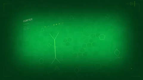 Pulsing CORTEX interface rising from faint glow at mosaic, forming Y glyph and 库存影片 334118593
