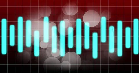 Pulsing cyan equalizer bars fluctuating at digital interface, with red grid Stock Illustration