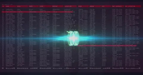 Pulsing cyan-green data waveform animating dashboard, with red scanning line, 写真素材