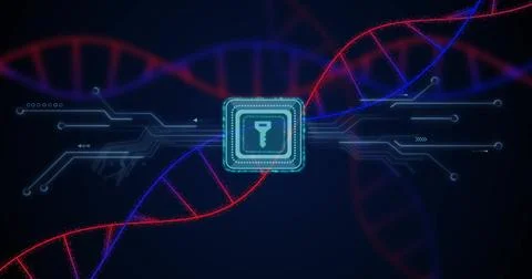 Pulsing cyan microchip with key sending circuit traces on navy canvas, red-blue Stock Photos