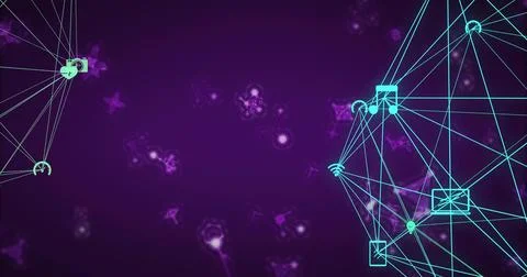 Pulsing cyan network mesh linking square round nodes and device icons on right, Illustrazione stock
