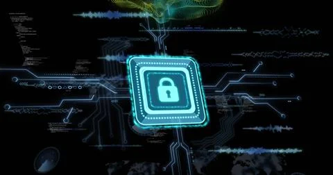 Pulsing cyan security module with padlock icon emitting neon traces in Stock Photos