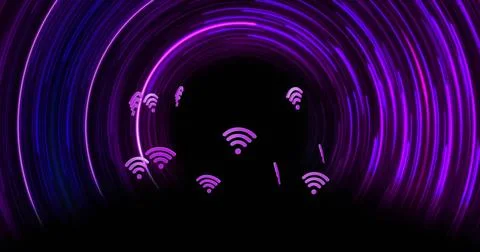 Pulsing dark void framed by concentric purple rings in virtual tunnel, pulling 写真素材