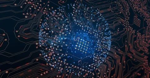 Pulsing data core hexagonal node cluster radiating signals across PCB substra Illustrazione stock