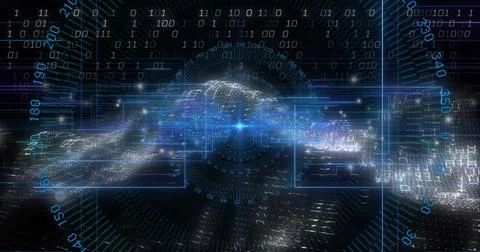 Pulsing data core projecting streaming ribbon in cyberspace, circular HUD, Stock Illustration