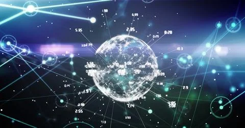 Pulsing data globe spinning in virtual network space, showing numeric labels and Stock Photos
