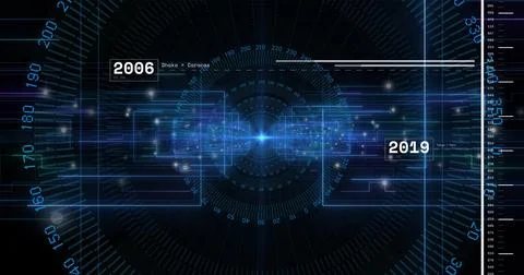 Pulsing data hub radiating bright blue core in sci-fi dashboard, with 2006 and Stock Illustration