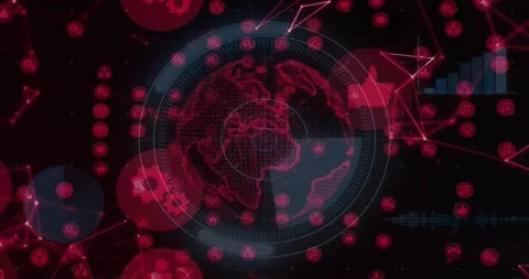 Pulsing data nodes, starting globe rotating, network icons pulsing, bars rising Stock Footage 317119364