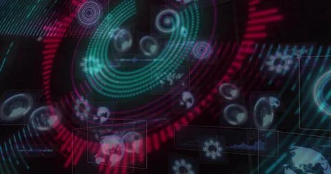 Pulsing data rings in dashboard, with translucent panels showing globes, wave Stock Photos