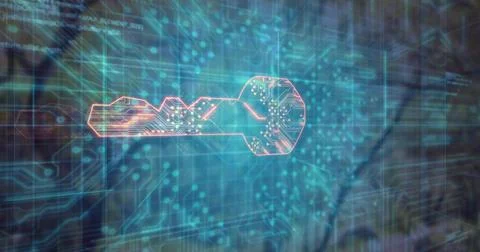 Pulsing data stream activating glowing key symbol over holographic grid, Stock Photos