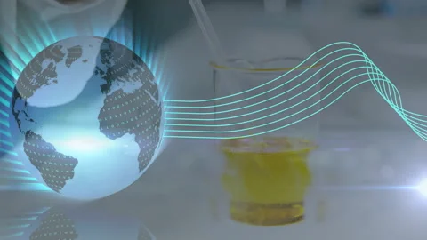 Pulsing digital globe emitting cyan waves while stirring rod swirling solution Stock Footage 312071919