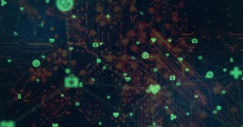 Pulsing digital network flowing on virtual circuit plane, with neon-green icons Illustrazione stock