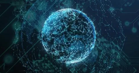 Pulsing digital network globe rotating in cybernetic space, with glowing nodes イラスト素材