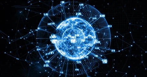 Pulsing digital network sphere floating in dark grid space, with nodes, light Illustrazione stock