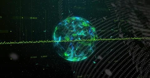 Pulsing digital sphere rotating in dark data space, with green particle waveform Stock Photos