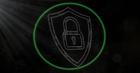 Pulsing dotted shield with padlock inside green ring on dark backdrop, showing Stock Illustration
