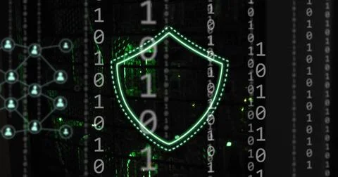 Pulsing double-dotted neon shield outline hovering in data center, showing 库存插图