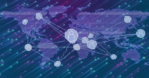 Pulsing Europe node sending white lines to icons in Asia Africa North America, Stock Footage 315558363