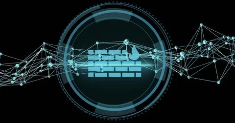 Pulsing firewall icon glowing within concentric circular HUD at cyber interface, Stock Illustration