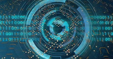 Pulsing futuristic circular interface displaying binary streams in virtual HUD, 스톡 일러스트