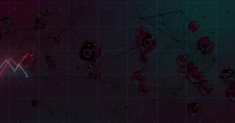 Pulsing glossy node cluster drifting across virtual grid, revealing ring spheres Stock Illustration
