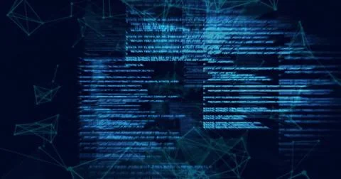 Pulsing glowing cyanblue code panels flowing through cyberspace, with wireframe Stock-Fotos