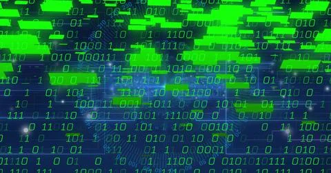 Pulsing green binary code flowing across net on incoming data, showing Stock Illustration