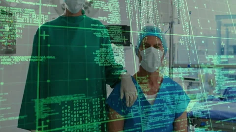 Pulsing green code overlay receding revealing surgeon in scrubs supporting 動画素材 310385713