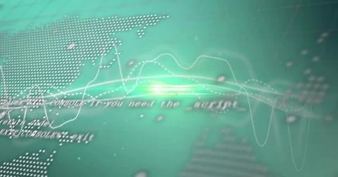Pulsing green light node streaming data traces on digital panel, showing blurred Stock Photos
