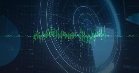 Pulsing green waveform and circular radar HUD dominating gridded panel, with  Stock Illustration