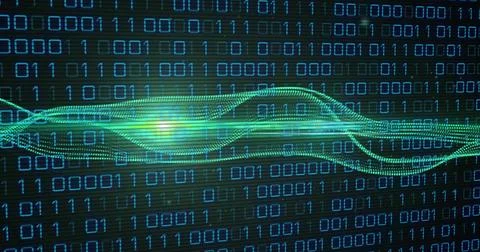 Pulsing green waveform with dotted-strands, glow-lines across dark grid, bright Foto stock