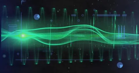 Pulsing green waveform undulating on dark navy data-visualization, with bright Stock Illustration