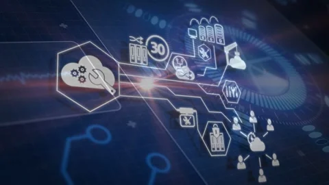 Pulsing hexagon service icon sending bright lines to HUD radial dial and Stock Footage 332881902