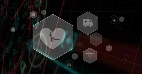 Pulsing hexagonal heart panel receiving ECG signal on tilted grid, showing Stock Photos