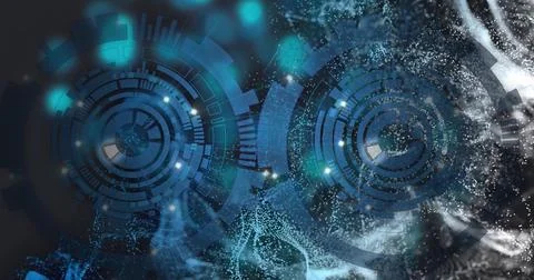 Pulsing high-tech HUD projecting two concentric rings in virtual control panel, Stock Photos
