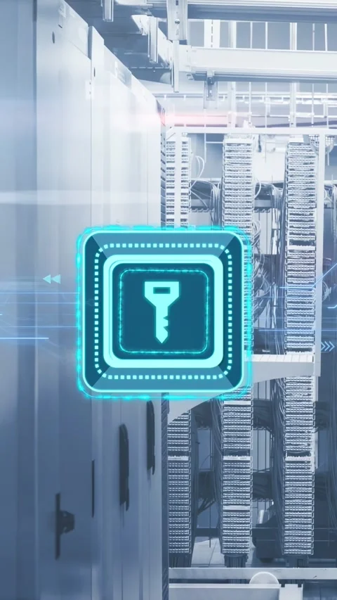 Pulsing holographic key square hovering over server racks inside data center, Stock Footage 332846273