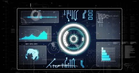 Pulsing HUD in interface, showing waveform, line and bar charts, map, code 写真素材