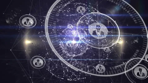 Pulsing light revealing wireframe globe, HUD rings orbiting while avatars Stock Footage 321824748