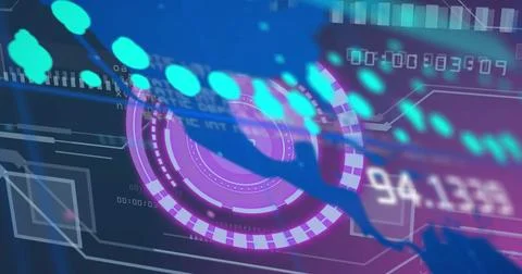 Pulsing magenta HUD rotating on data UI, showing segmented ring, cyan pulse Stock Illustration