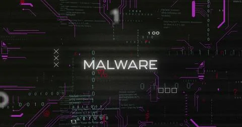 Pulsing MALWARE on cyber UI with binary code purple traces white UI squares red Stock Photos