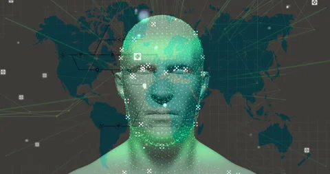 Pulsing map icons initiating dot-matrix rising and forming rotating skull face Stock Footage 313758630