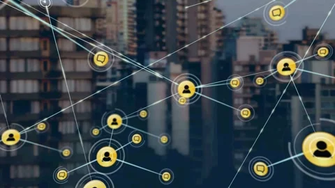 Pulsing marker creating node links and chat icons appearing over skyline network Stock Footage 333193130