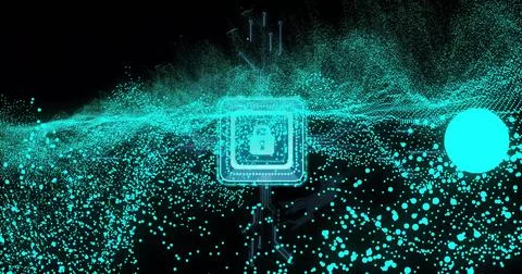 Pulsing microchip projecting neon cyan circuit traces across cyber void, showing イラスト素材