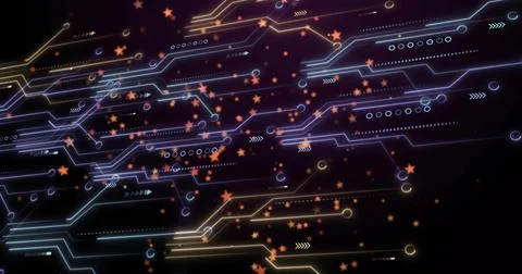 Pulsing neon circuit network tracing paths in dark digital backdrop, showing Stock Illustration