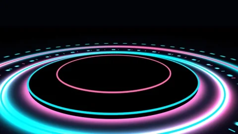 Pulsing neon concentric rings in a dark futuristic space. 4K Video stock 345111232