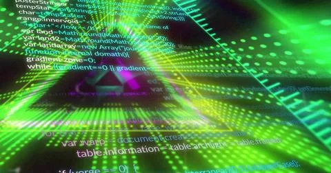 Pulsing neon green triangular light forming tunnel in virtual HUD, with overlaid Stockillustratie