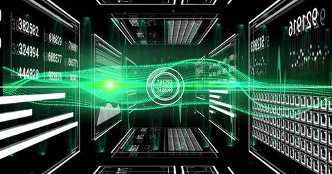 Pulsing neon green waveform and circular HUD filling data corridor, with Stock Illustration